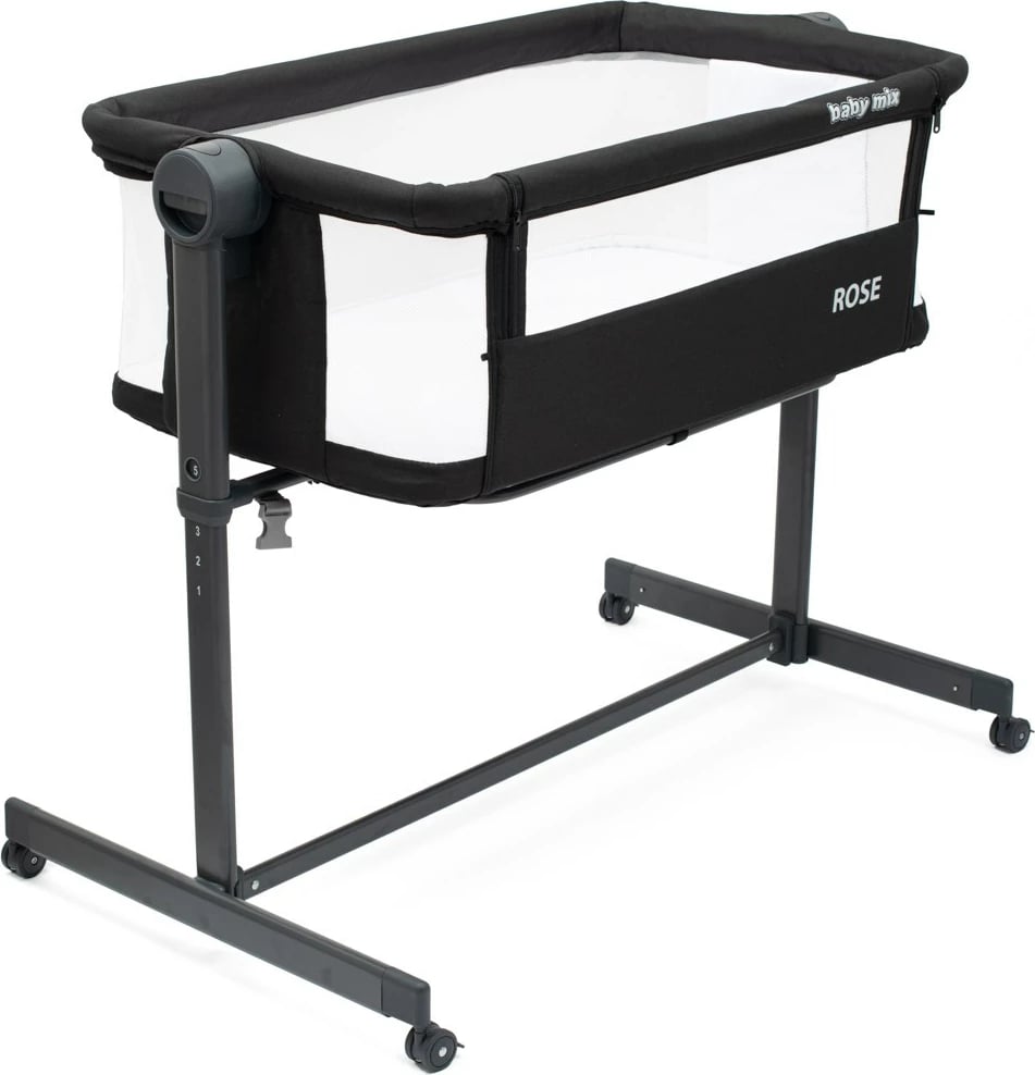 djep anësor Baby Mix Rose me rregullim 5 nivele, rrota me frena, dyshek i përfshirë, kornizë çeliku, zi