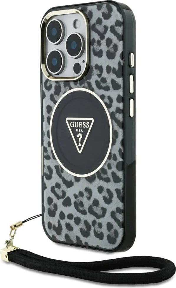 Mbështjellës Guess HC IML Leopard Triangle Cord Strap për iPhone 16 Pro, MagSafe, Zi