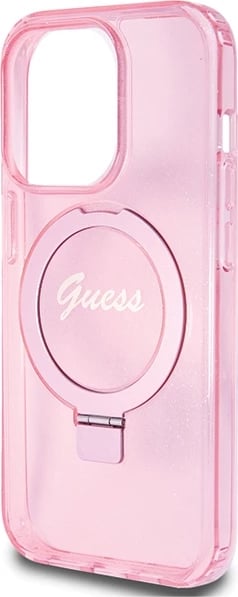 Mbështjellës Guess Ring Stand Script Glitter MagSafe për iPhone 15 Pro, Rozë