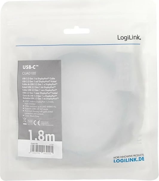 Kabllo USB-C në DisplayPort LogiLink CUA0100, 1.8m, 4K 60Hz, Zezë/Gri