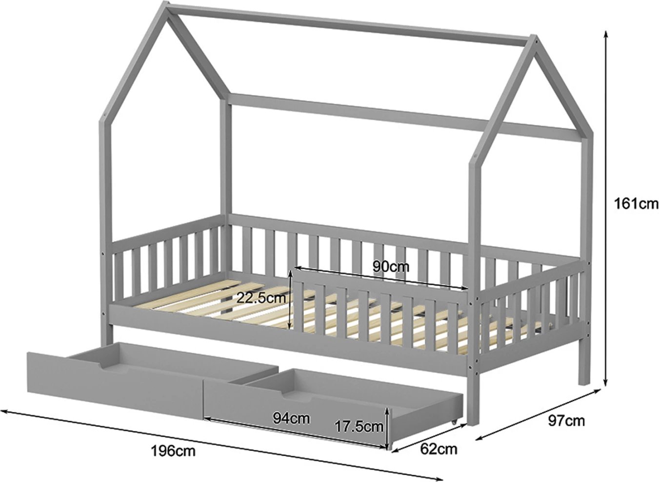 Krevat fëmijësh me sirtarë PHYLLIS FH724.05, dru pishe, ngjyrë gri, 196x97x161cm