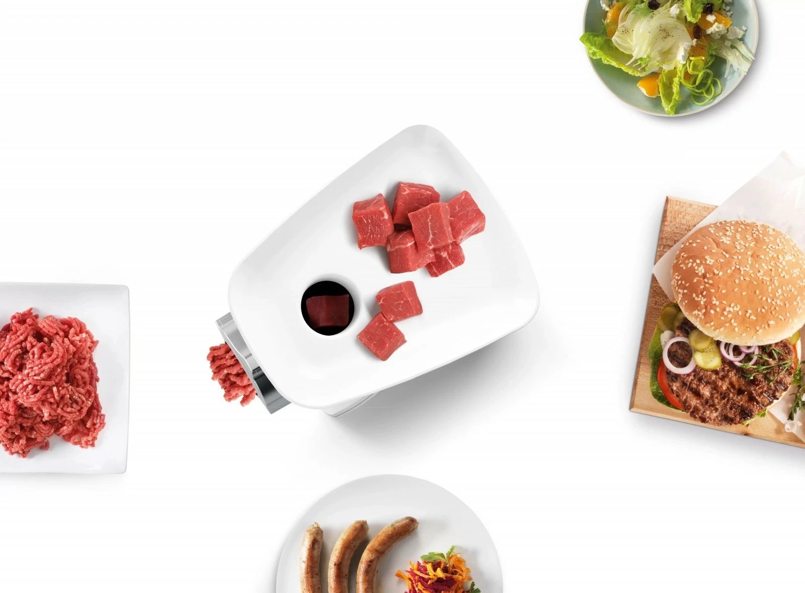 Grirëse mishi, Bosch, MFW2514W, 1500W 1.7 kg/min, sita 3.8/8 mm, me nasadë salsiçe dhe prerëse me 3 daulle, e bardhë