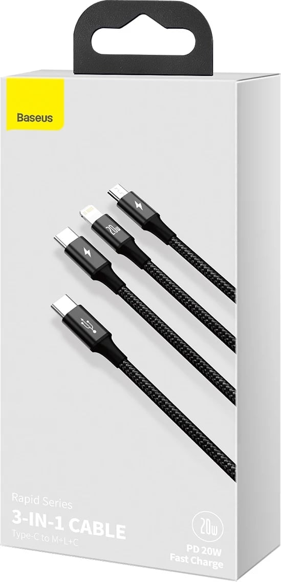 Kabllo 3n1 Baseus Rapid Series CAMLT-SC01, 1.5m, 20W, USB-C/Lightning/micro USB, e zezë Kabllo 3n1 Baseus Rapid Series CAMLT-SC01, 1.5m, 20W, USB-C/Lightning/micro USB, e zezë
