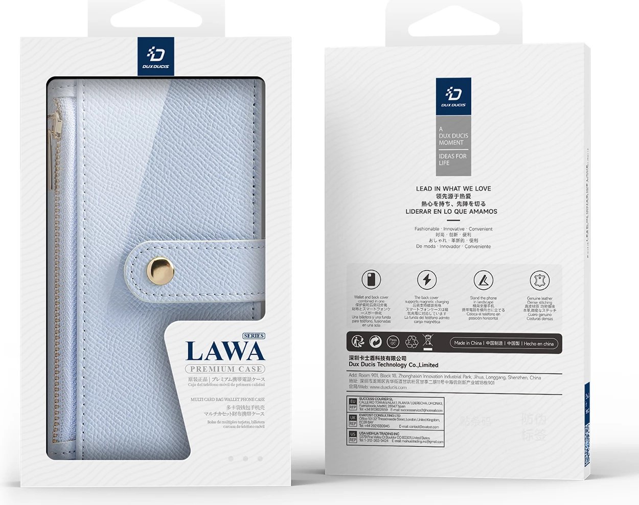 Mbështjellës Dux Ducis Lawa për iPhone 16 Pro, lëkurë, me portofol magnetik të ndashëm, kaltër