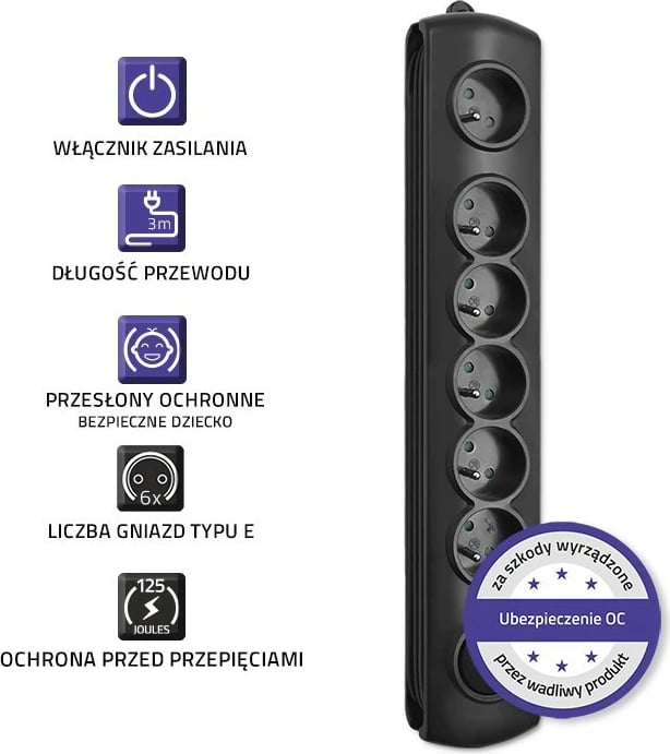 Kasë mbrojtëse Qoltec 50112, 6 dalje, 3m, e zezë