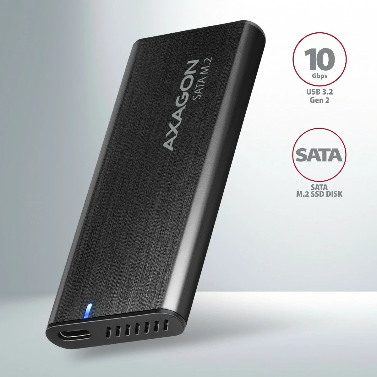 Kasë e jashtme AXAGON EEM2-SBC për SSD M.2 SATA, USB-C 3.2 Gen 2, Alumini, E zezë