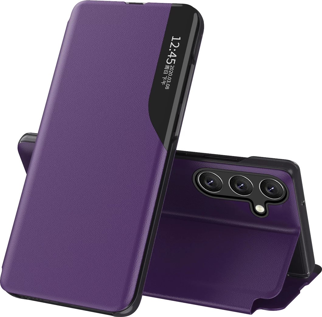 Mbështjellës Hurtel Eco Leather View Case për Samsung Galaxy A56, me kapak dhe mbajtëse, vjollcë