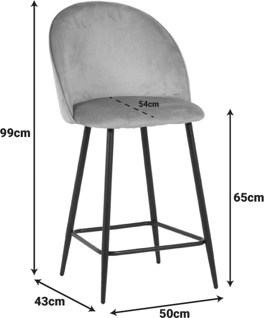 Karrige për bar Perch, kadife antracit, këmbë metalike të zeza, 50x43x99cm, set prej 2 copash
