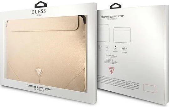 Mbështjellës laptopi Guess Saffiano Triangle Logo, 14", Bezhe