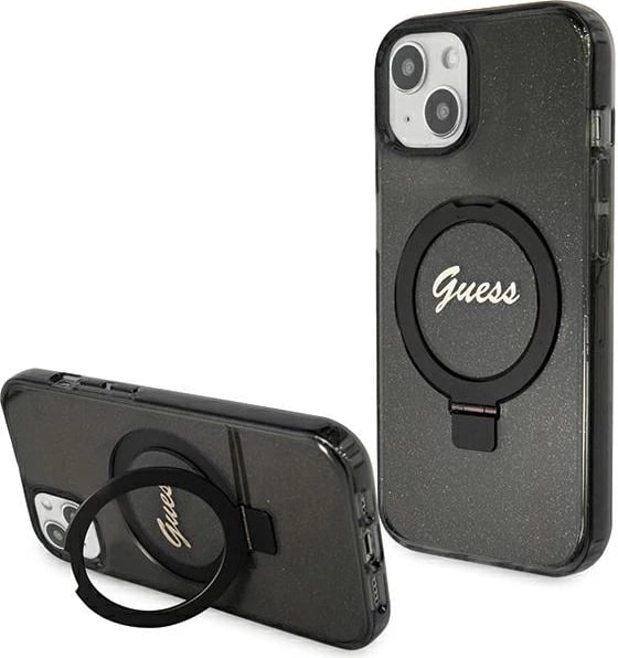 Mbështjellës Guess Ring Stand Script Glitter MagSafe për iPhone 15, i zi
