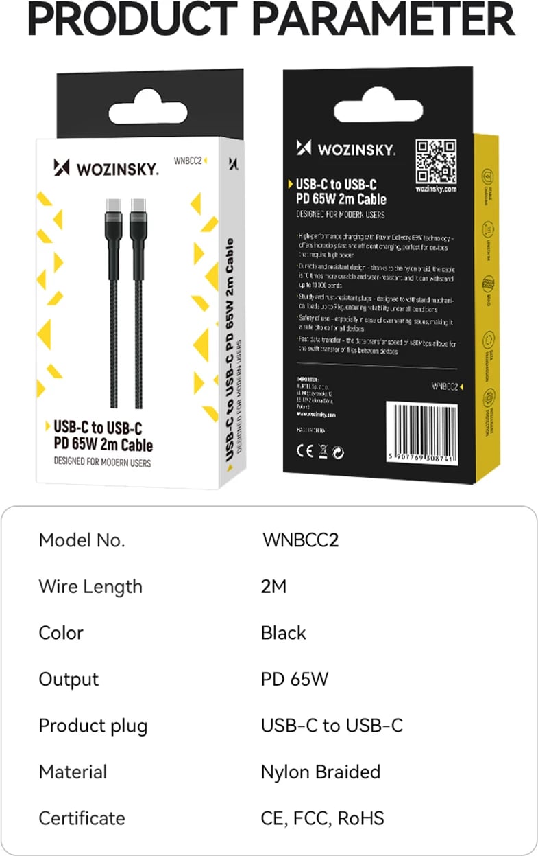 Kabllo USB-C në USB-C Wozinsky WNBCC2, 2m, 65W, najlon, e zezë