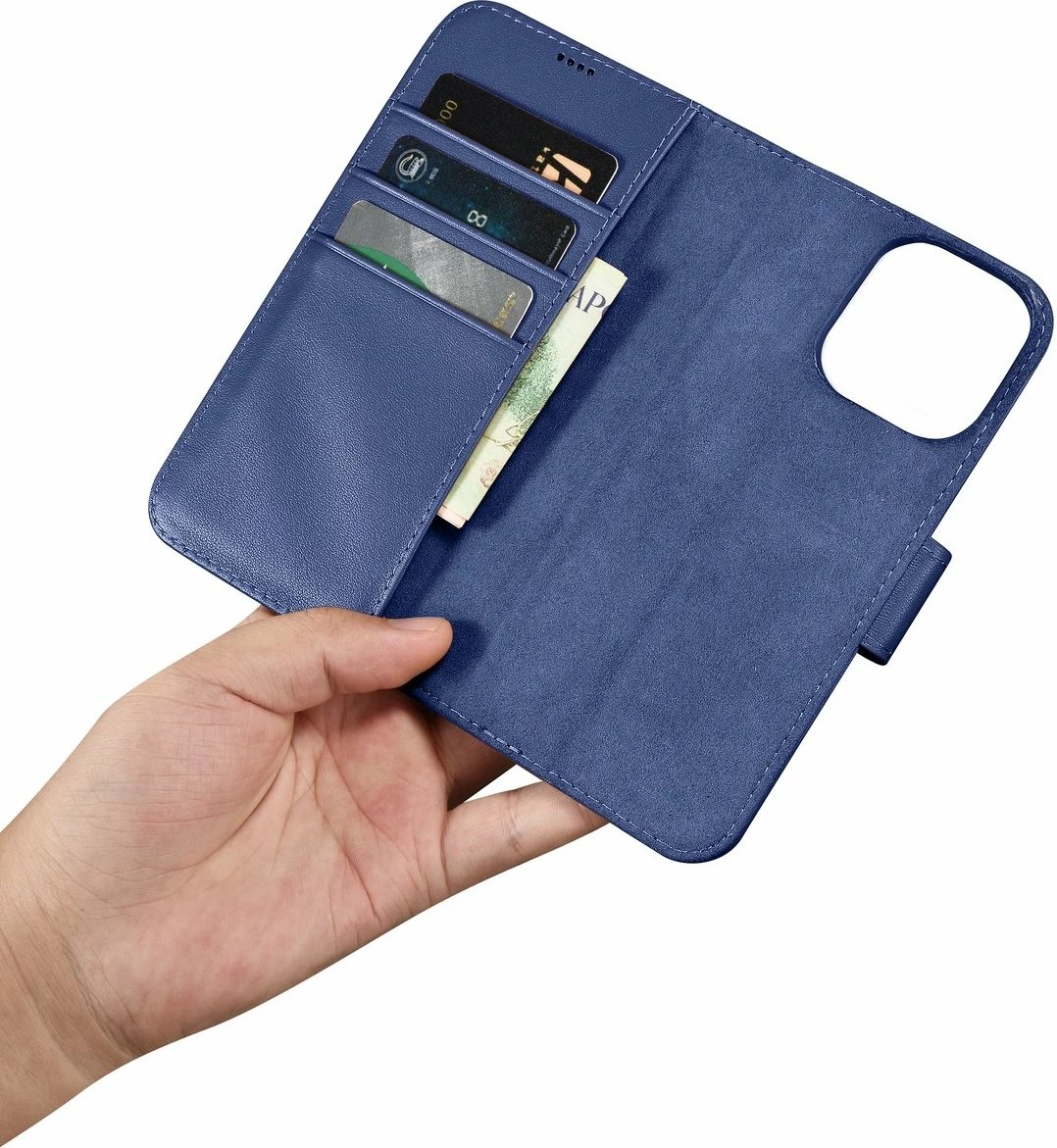 Mbështjellës iCarer Wallet Case 2in1 për iPhone 14 Pro Max, lëkurë, Anti-RFID, Kaltër