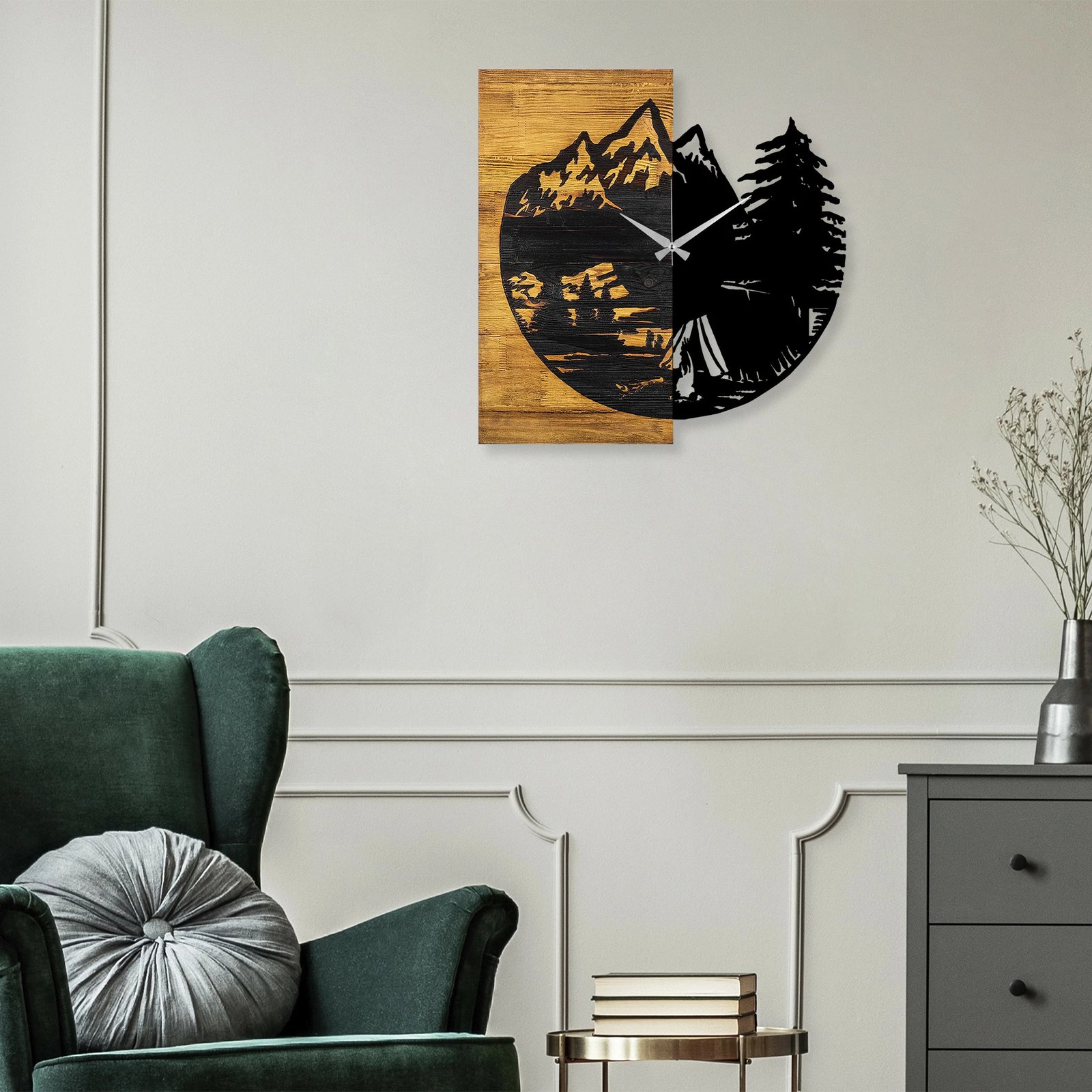 Orë muri dekorative prej druri, Wallity, ngjyrë arre dhe e zezë, 56x3x58cm