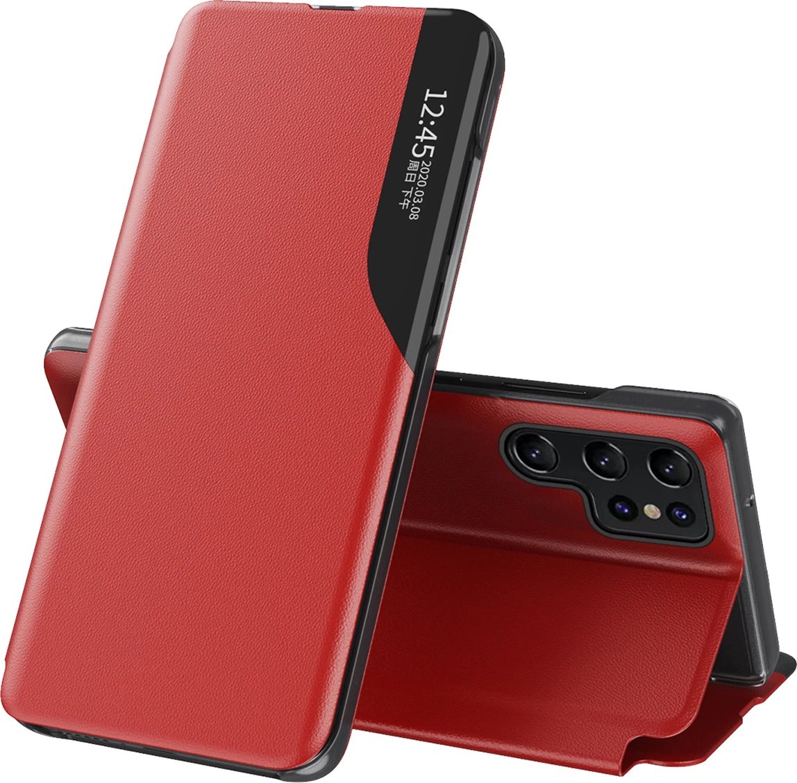 Mbështjellës Hurtel Eco Leather View Case për Samsung Galaxy S25 Ultra, me flip dhe stand, Kuq