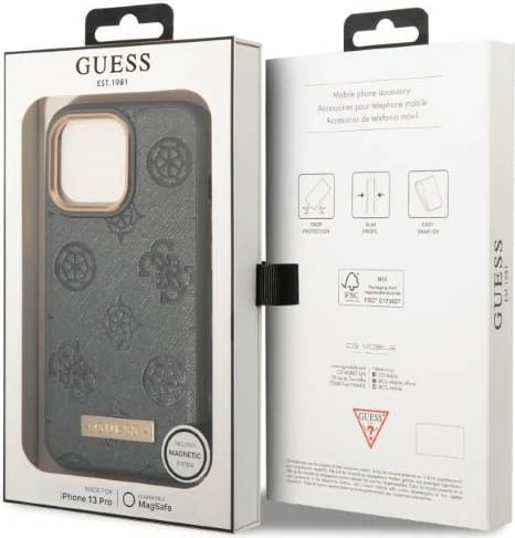 Mbështjellës Guess Peony Logo Plate për iPhone 13/13 Pro 6.1", MagSafe, Gri
