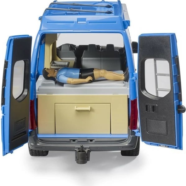 Set lodër kamper, BRUDER MB Sprinter BR-02684, me figurë bworld dhe aksesorë kampingu, dyer hapëse dhe derë rrëshqitëse, tendë tërheqëse, plastikë, blu
