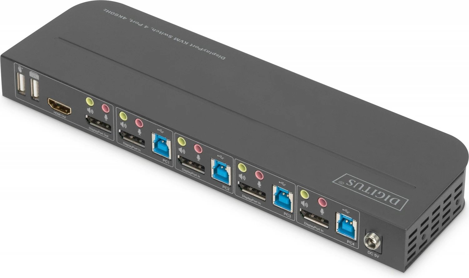 Switch KVM Digitus DS-12890, 4 porta, 4K 60Hz, 4x DP IN, 1x DP OUT, 1x HDMI OUT, 2x USB A, 1x Audio IN&OUT, gri