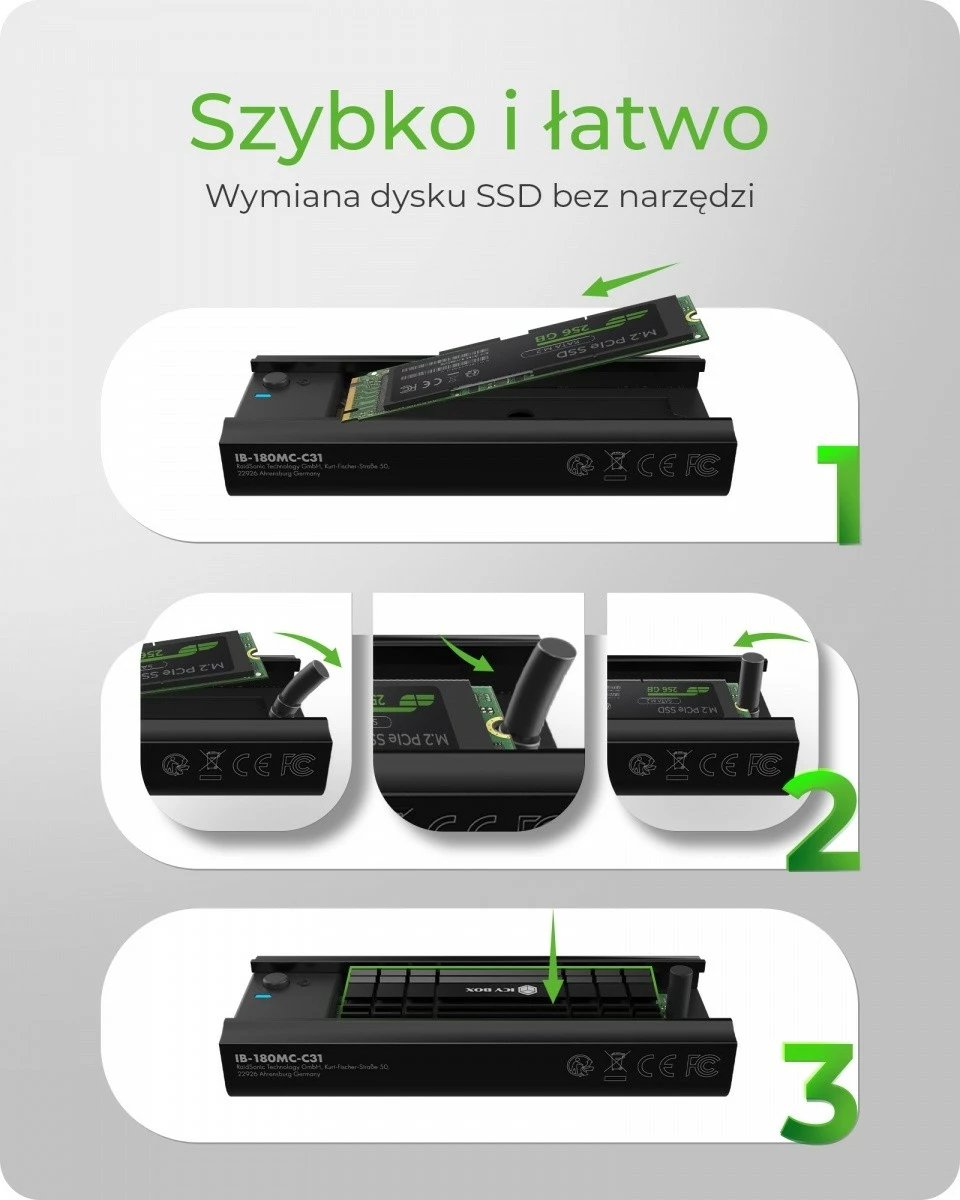 Docking station IcyBox IB-180MC-C31 për SSD M.2 NVMe & SATA, USB 3.2 Type-C, Alumini, Zi