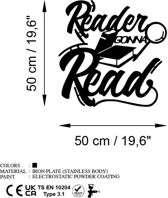 Aksesor dekorativ metalik për mur, Reader Gonna Read, ngjyrë e zezë, 50x50cm