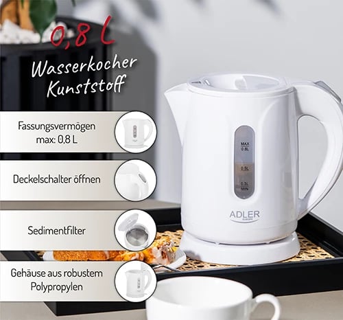 Çajnik elektrik Adler AD 1371 0.8 L 850 W plastik i bardhë