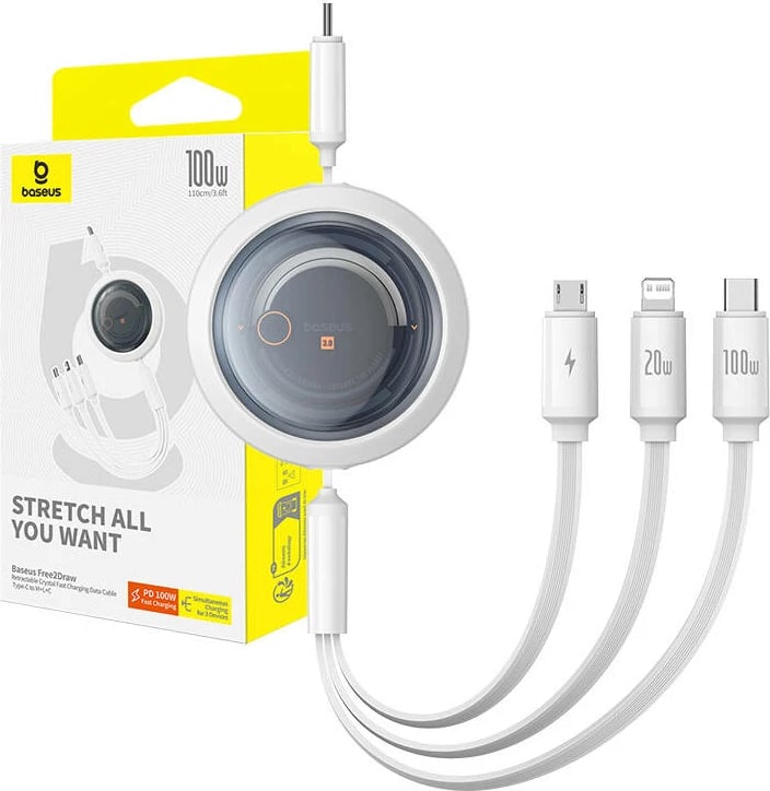 Kabllo karikimi 3-në-1 Baseus Free2Draw, USB-C në USB-C/Lightning/Micro, 100W, 1.1m, Bardhë Kabllo karikimi 3-në-1 Baseus Free2Draw, USB-C në USB-C/Lightning/Micro, 100W, 1.1m, Bardhë