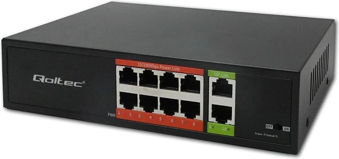 Switch Qoltec 52290 Fast Ethernet PoE 8x RJ45 + 2x RJ45 uplink 120W 10/100 Mb/s