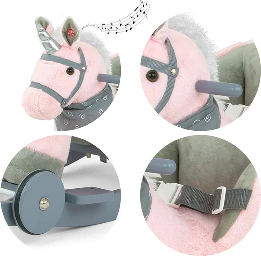 Kalë lëkundës 2‑në‑1, Milly Mally Polly, karrige me rrip sigurie, tinguj, deri 30 kg, 12–36 muaj, rozë