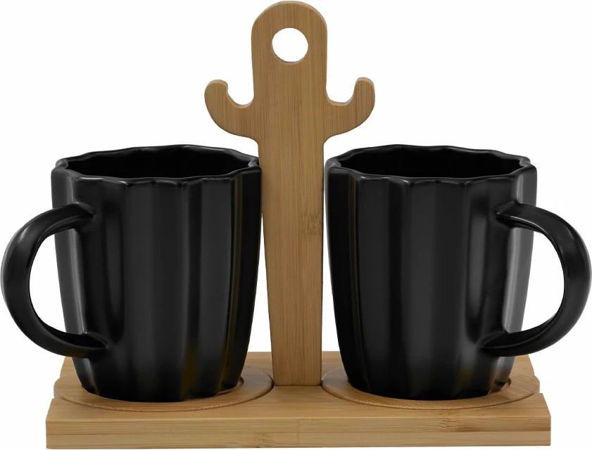 Set filxhanësh espresso Cactus, porcelan i zi, bambu natyral, 2 copë, 20x12x17cm