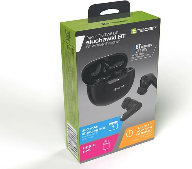 Kufje TWS Tracer T10 TRASLU47504 Bluetooth 5.4 me mikrofon, deri 5 orë, kuti karikimi 300 mAh, USB-C, të zeza