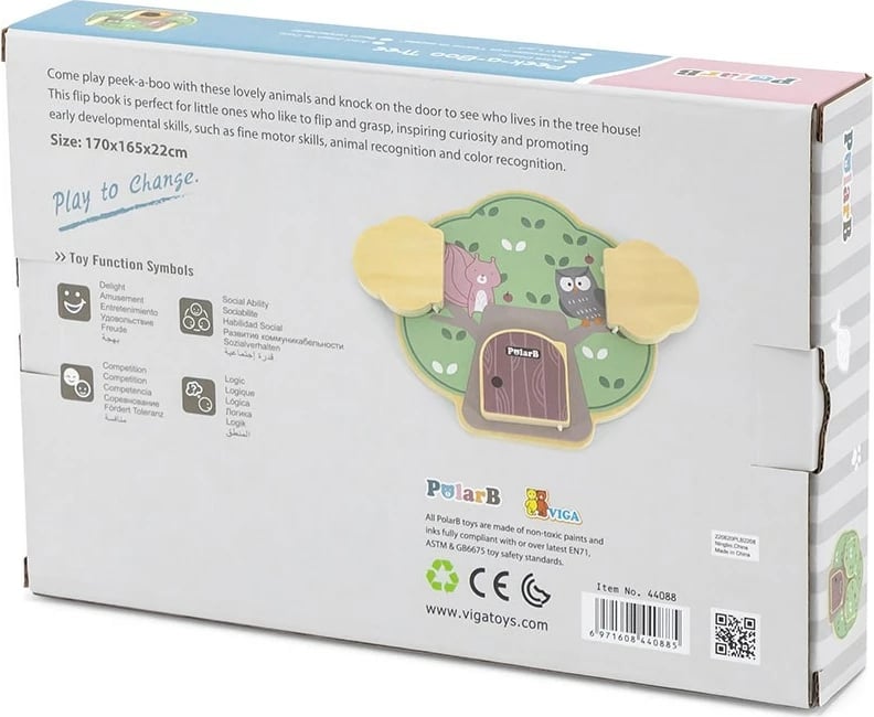 Dërrasë manipulative druri, Viga (PolarB), formë peme, 3 dyer me kafshë, 172x40x252 mm, 12M+, multingjyrëshe