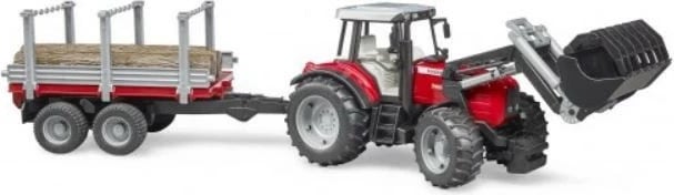 Set lodër traktor Massey Ferguson BRUDER 02046 me rimorkio, kuqe/gri