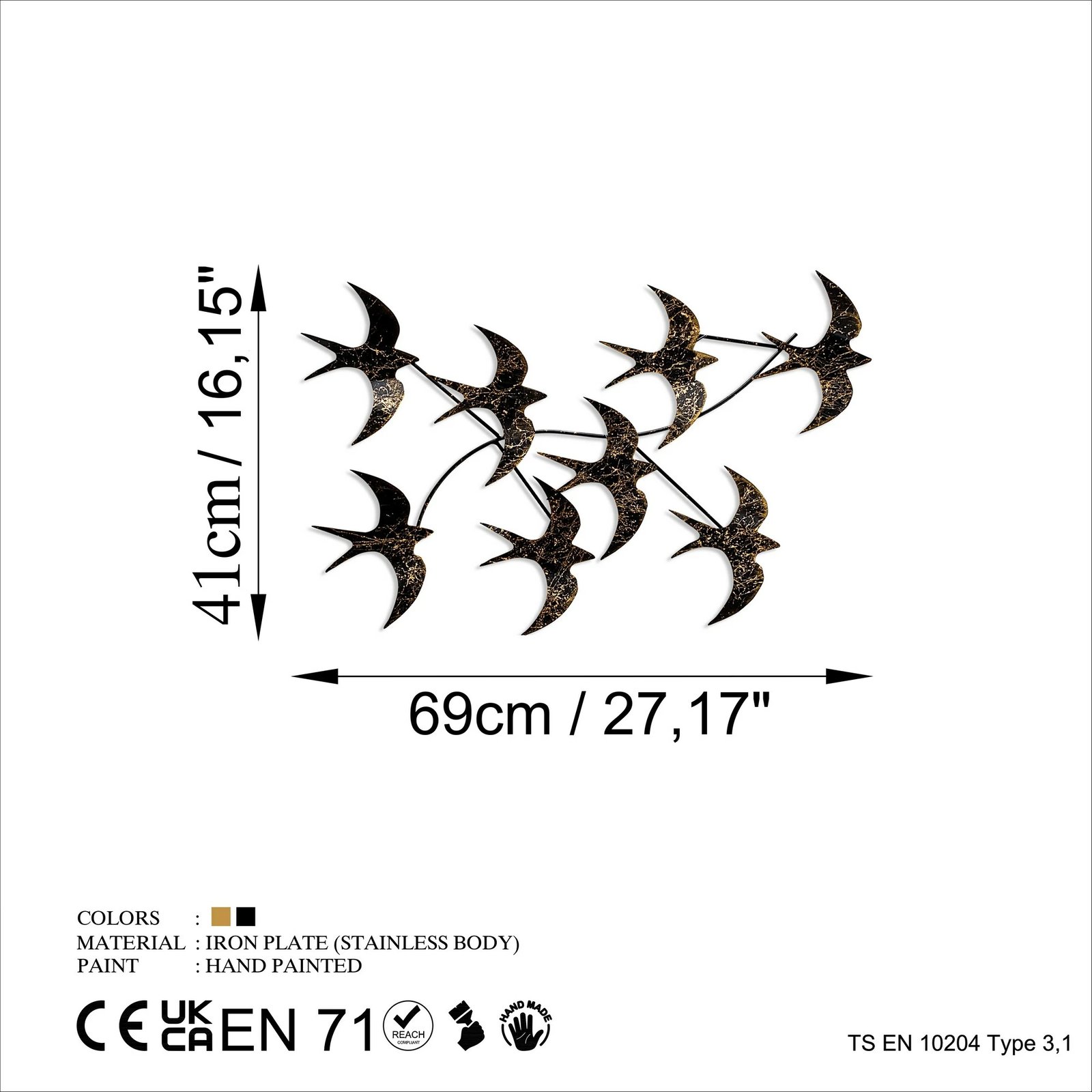 Aksesor dekorativ metalik për mur, zogj fluturues, Wallity, shumëngjyrësh
