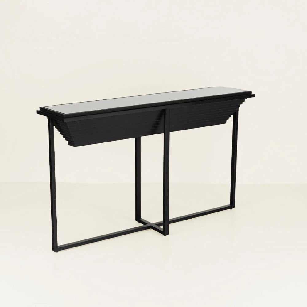 Konsol Cheops, dru bredhi, xham i zi, metal, 134x32x82cm