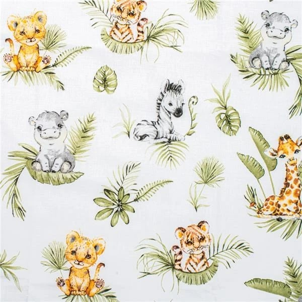 komplet shtroje bebi, New Baby, Jungle, 100x135 cm jorgan + 40x60 cm jastëk + mbrojtëse 31x175 cm, pambuk 100%, e bardhë me print Jungle, set 3-pjesësh