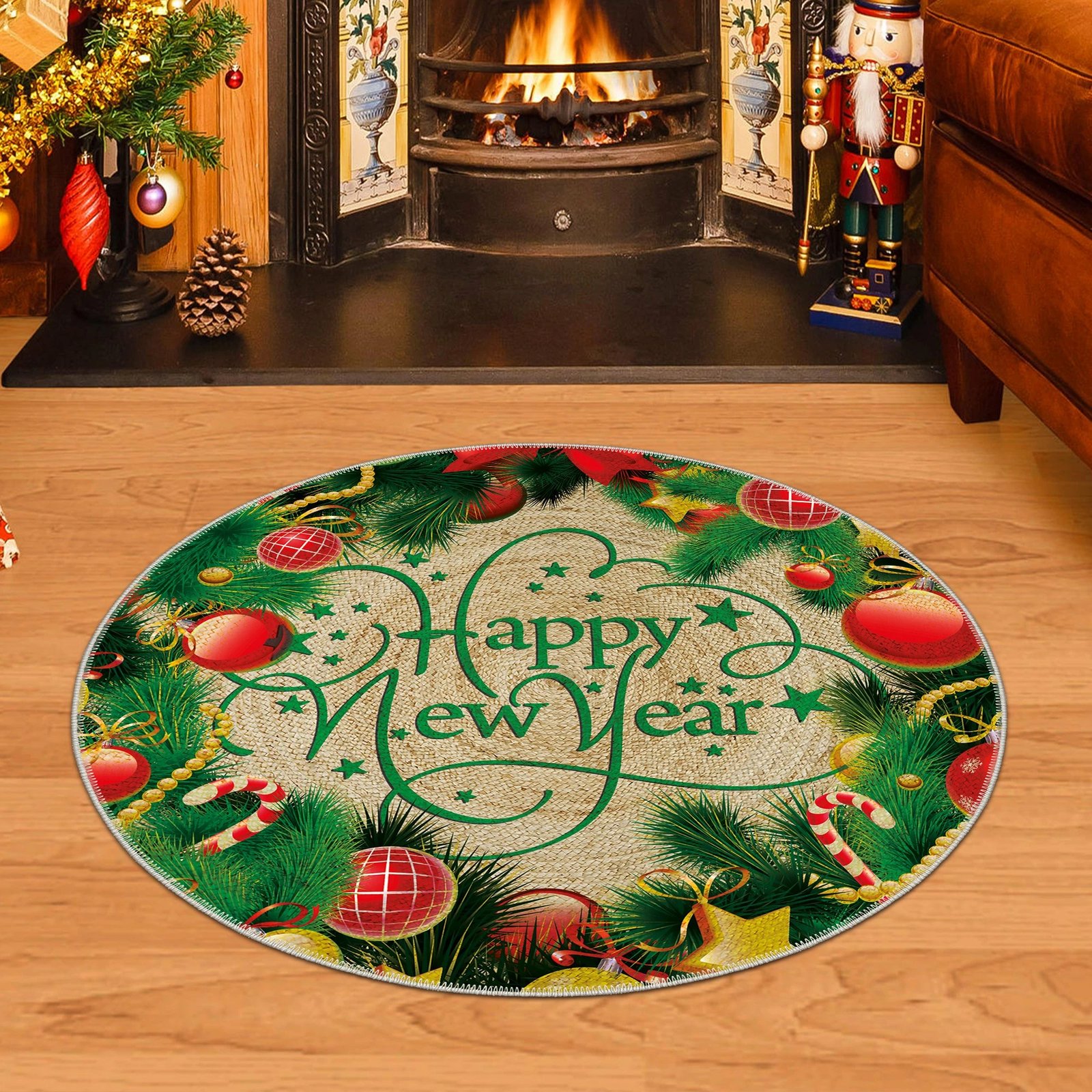 Qilim i rrumbullakët, shumëngjyrësh, 'Happy New Year', 90x90cm