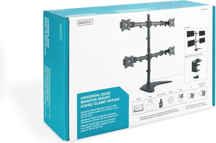 Qëndrim tavoline për 4 monitorë Digitus DA-90364, deri 27", i zi