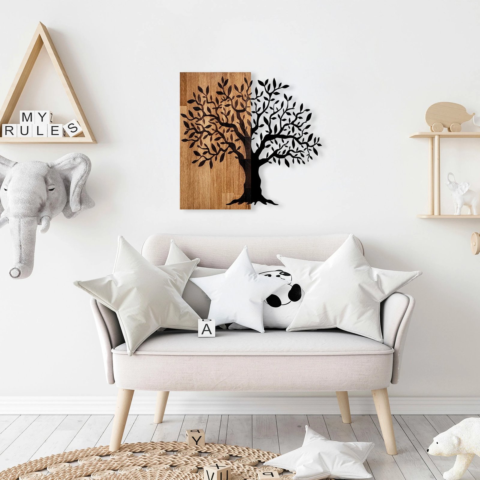 Aksesor dekorativ për mur, dru natyral dhe metal, pemë misterioze, Wallity 371, 58x60cm