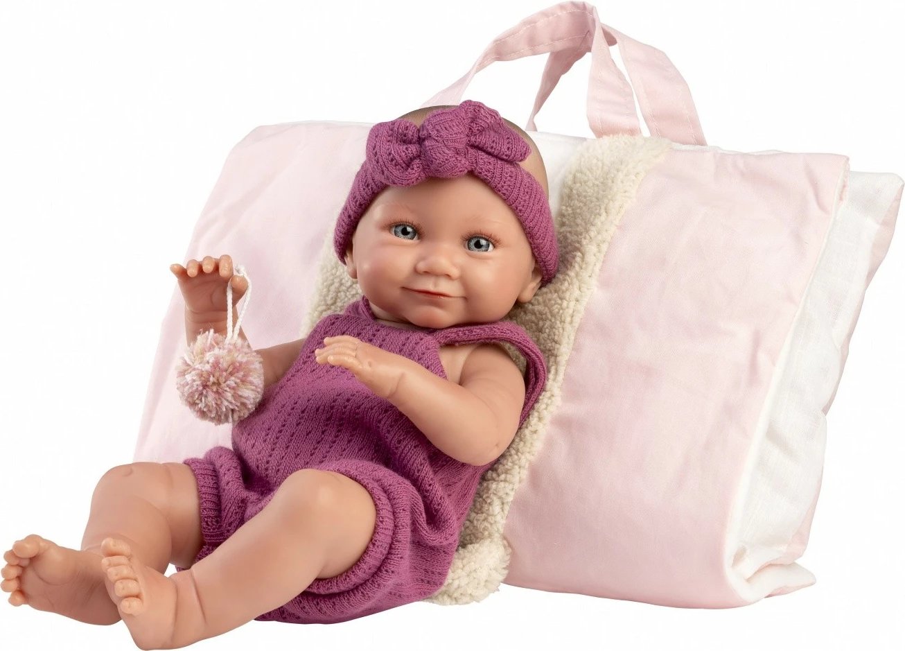 Kukull bebë vinili, Llorens Nica 73812, 40 cm, me veshje 3 pjesë dhe bartëse/thes gjumi, rozë