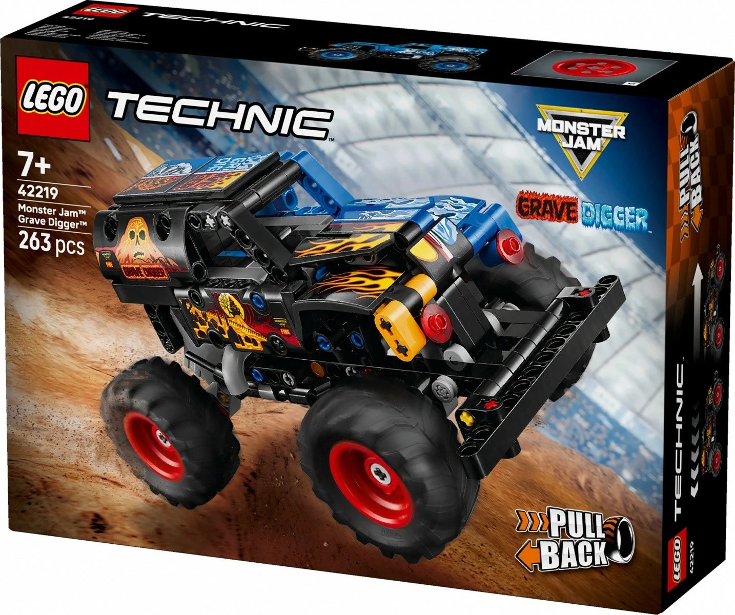 Set blloqe LEGO Technic 42219 Monster Jam Grave Digger Fire & Ice, 263 pjesë, mekanizëm me tërheqje, 7+