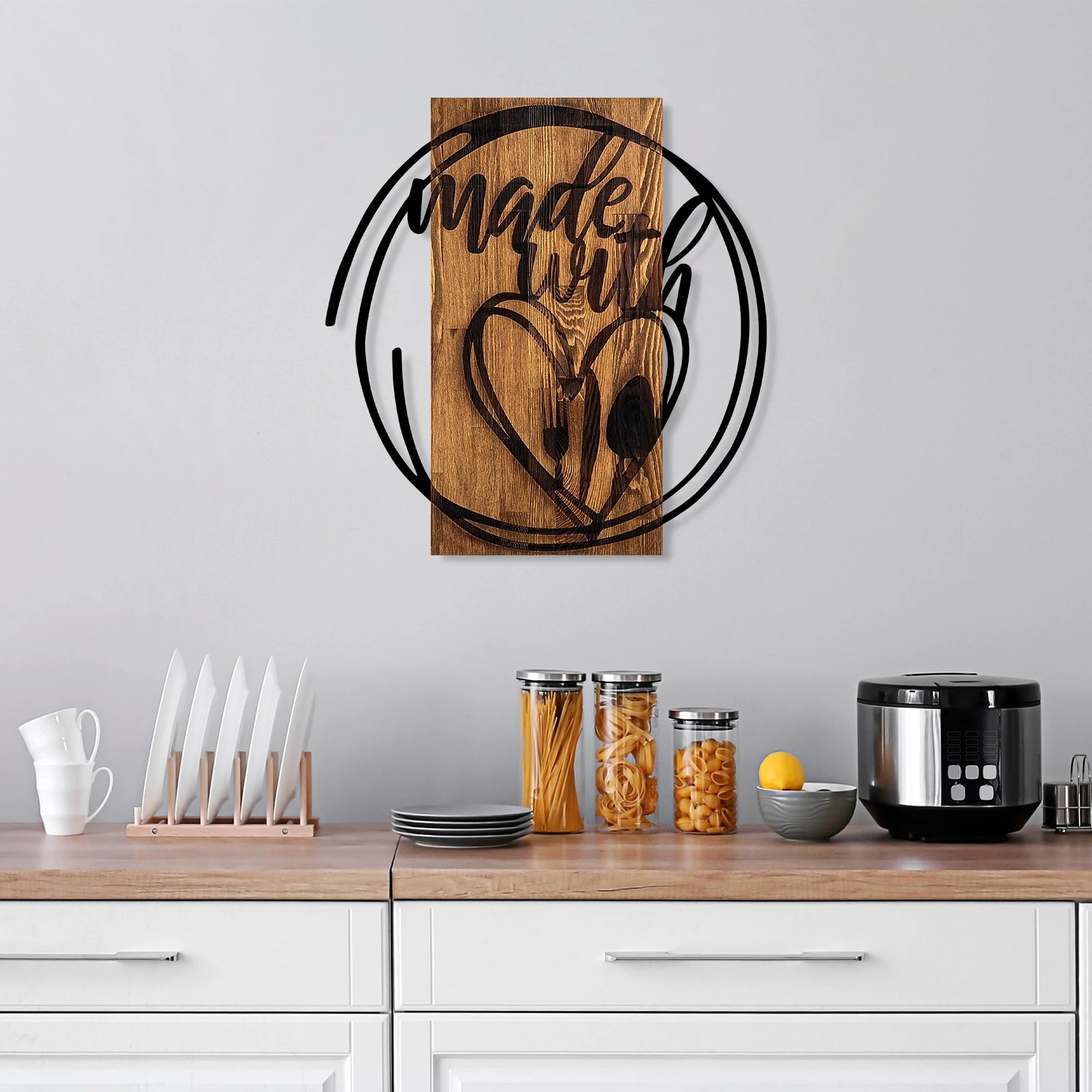 Aksesor dekorativ prej druri për mur, Wallity, Made With Love, ngjyrë arre dhe e zezë, 55x57cm