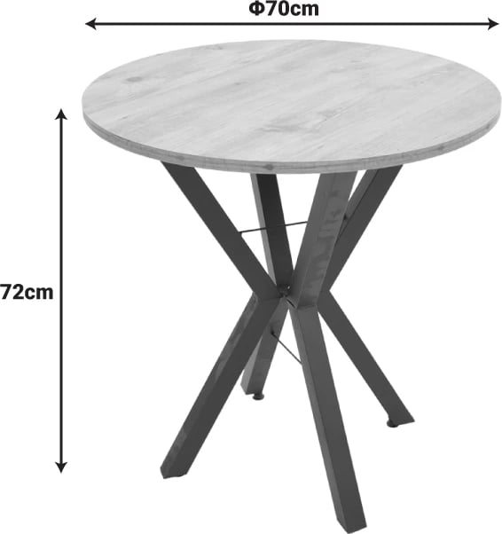 Tavolinë e rrumbullakët, efekt mermeri i zi, këmbë metalike të zeza, Φ70x72cm