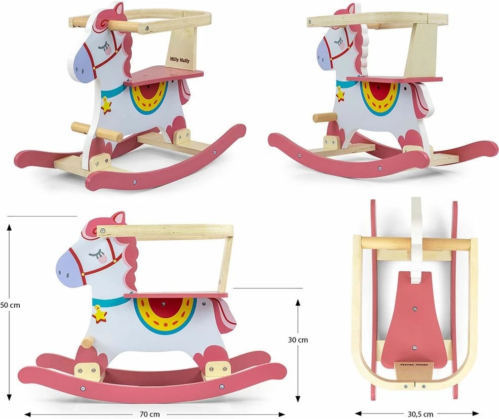 Kalë luhatës druri, Milly Mally, Lucky, me mbështetëse dhe barriera të heqshme, 12–36 muaj, rozë