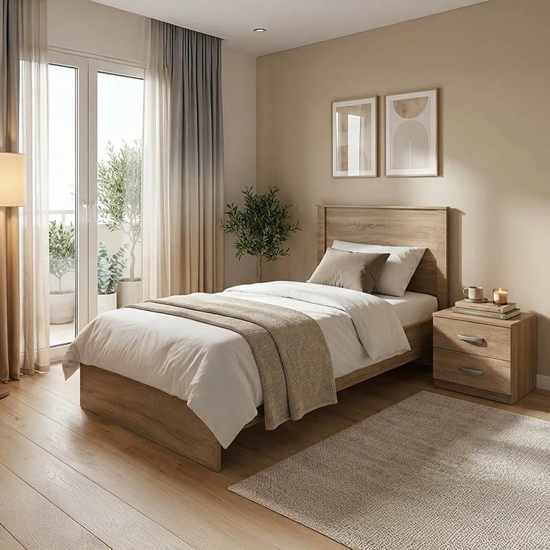 Set dhome gjumi Athos, ngjyrë sonoma, krevat 90x190cm me komodinë, 2 pjesë