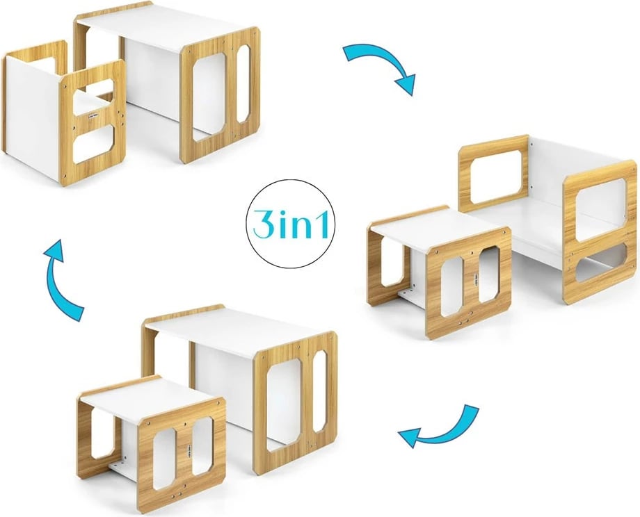 Set mobilje 3‑në‑1, Milly Mally Stella, tavolinë + karrige, modulare, MDF, për fëmijë 3–6 vjeç, Natural