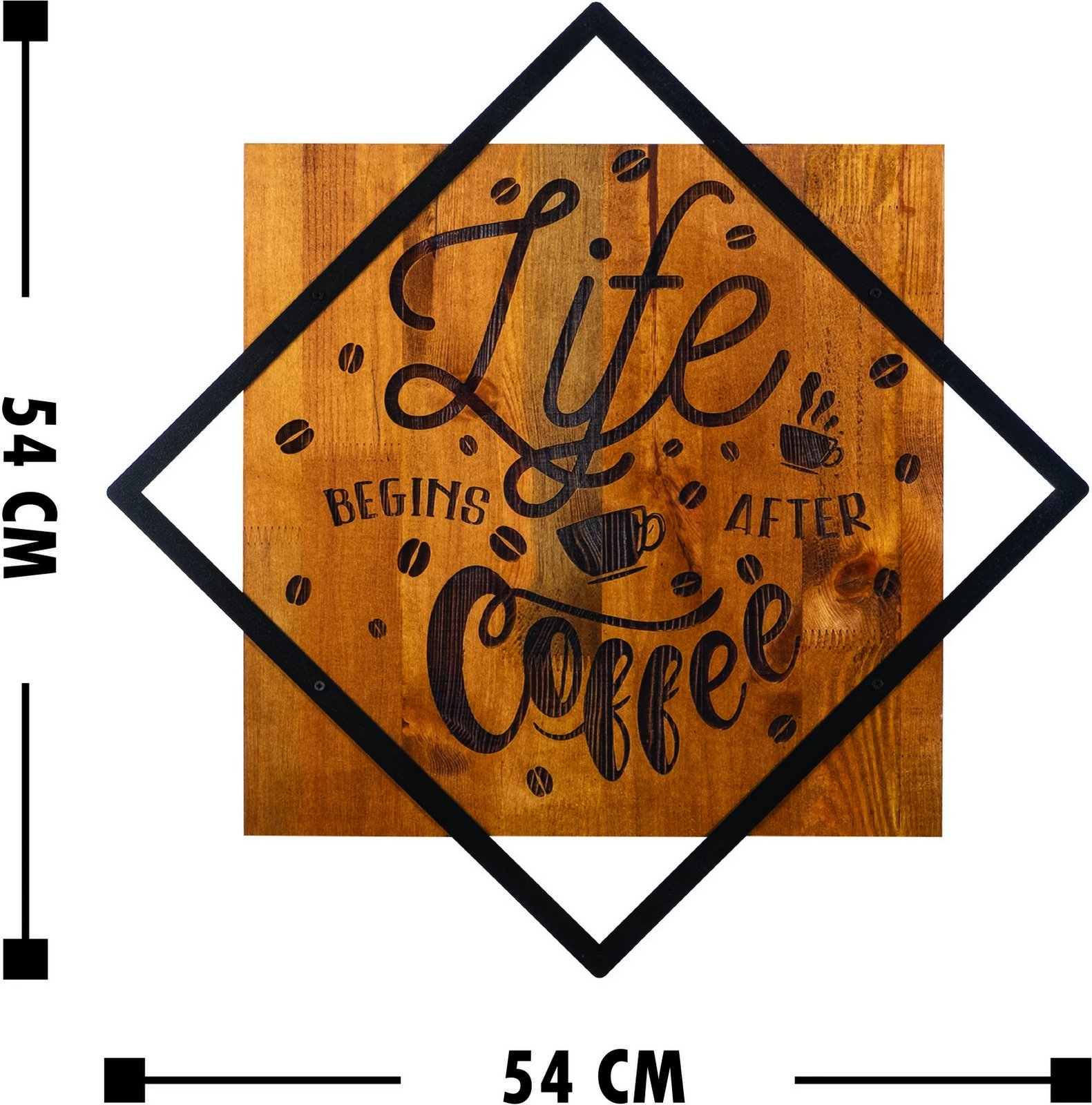 Aksesor dekorativ për mur, dru, ‘Life Begins After Coffee’, Wallity, ngjyrë arre, e zezë, 54x54cm