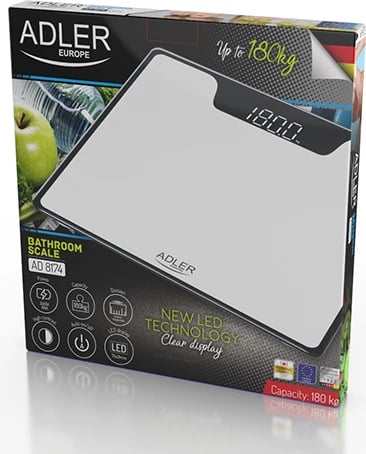 Peshore banjoje, Adler, AD 8174, kapacitet 180 kg, ekran LED, platformë xham i temperuar 6 mm 300x300 mm, e bardhë