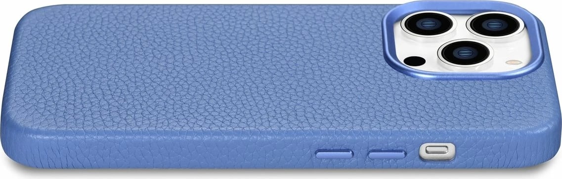 Mbështjellës iCarer Litchi Premium për iPhone 14 Pro, lëkurë natyrale, MagSafe, kaltër