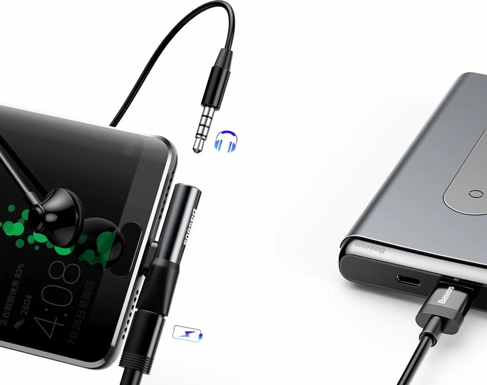Adapter audio Baseus L41, USB-C në USB-C + 3.5 mm, i zi