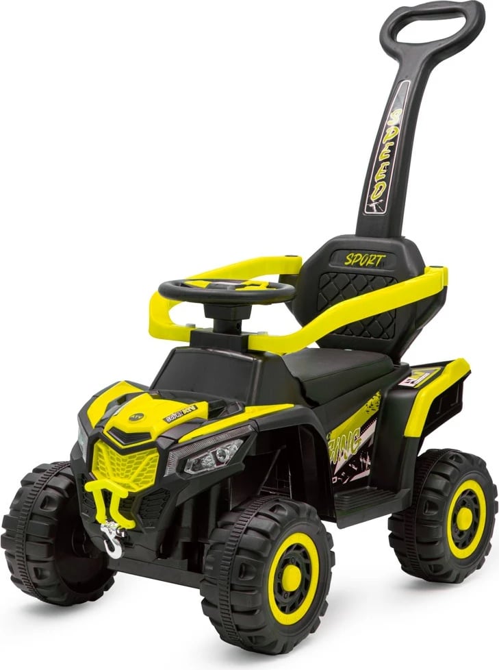 ride-on elektrik katërrrotësh Baby Mix Ruggy 6V 18W me shufër udhëzuese, kapacitet 30 kg, e verdhë