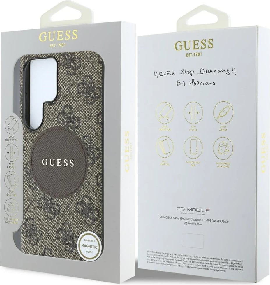 Mbështjellës Guess 4G Round Patch Classic Logo MagSafe për Samsung Galaxy S25 Ultra, Kafe